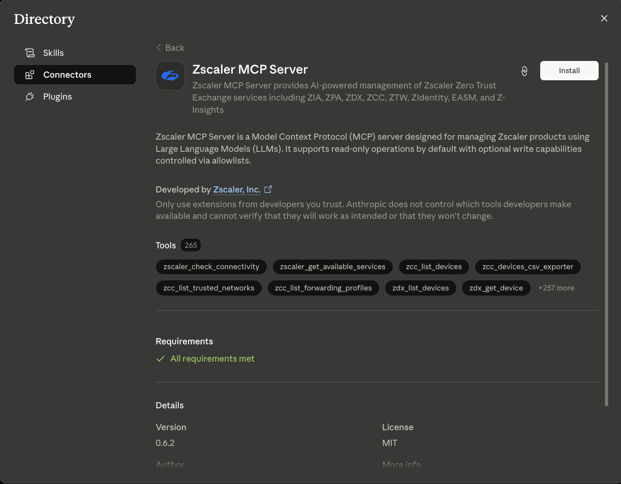 Zscaler MCP Server extension details with All requirements met