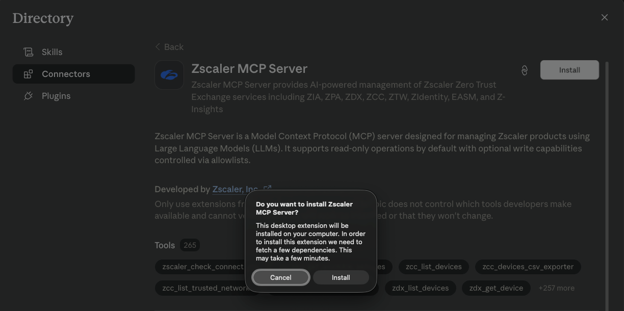 Install confirmation dialog