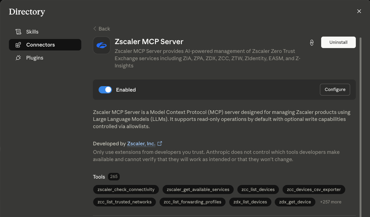 Extension enabled, with Configure button